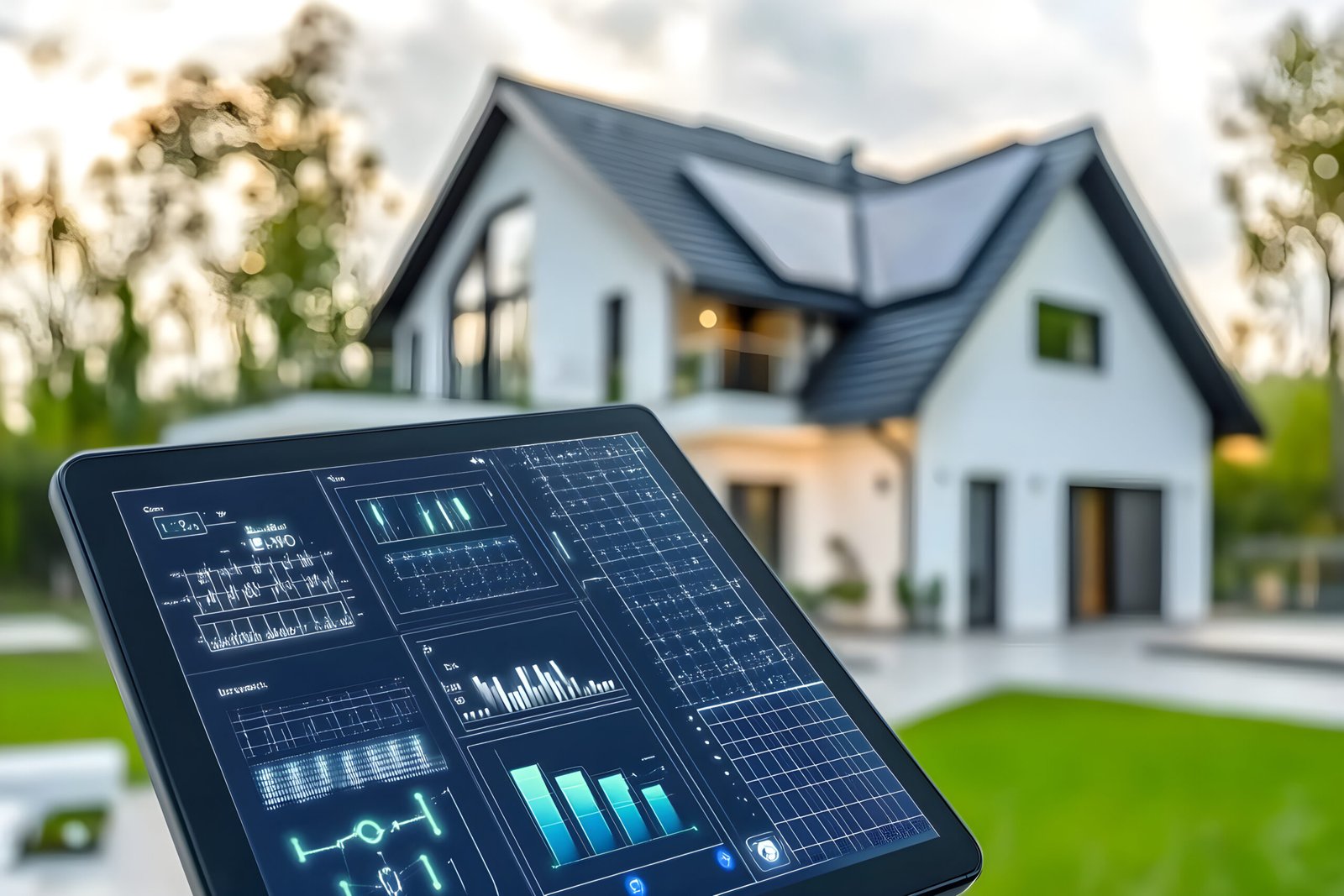 Futuristic Home Energy Management System with Solar and Wind Power Savings Display