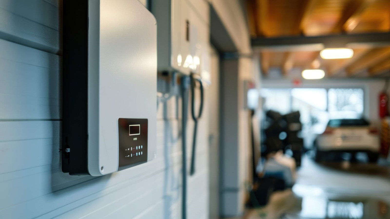 Concept of a home battery packs alternative electric energy storage system at modern home garage wall as backup or sustainable energy concepts.